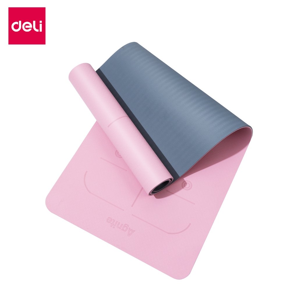 Deli เสื่อโยคะ TPE เบาะออกกําลังกาย แผ่นรองออกกําลังกาย หนา 6-8mm สีทูโทน รับแรงกระแทกได้ดี มีปุ่มกั