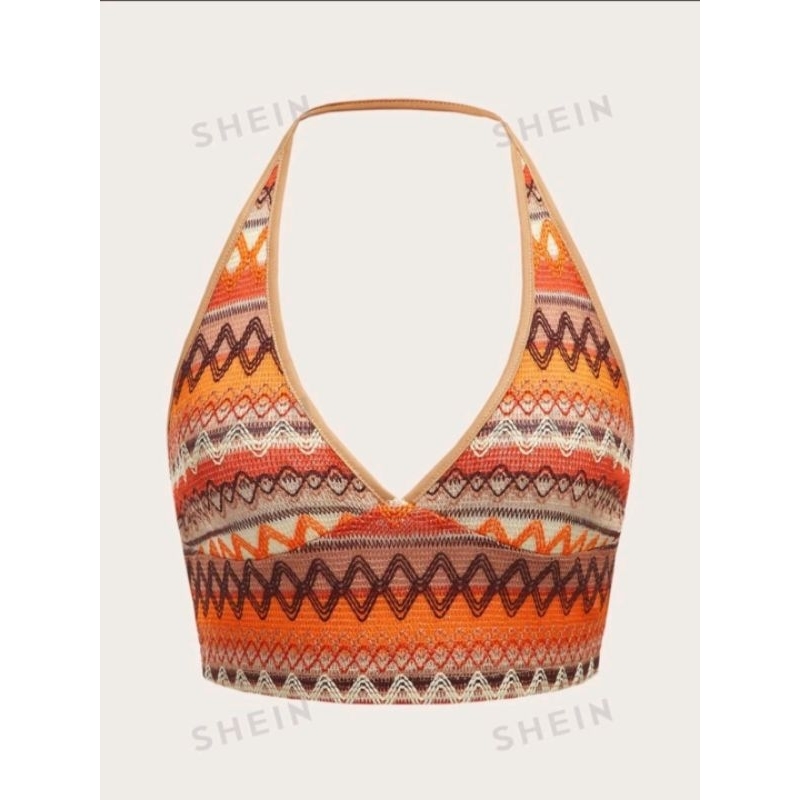 WYWH ผู้หญิง เสื้อท็อป วันหยุด พิมพ์ ซิกแซก โชว์หลัง คล้องคอ โบโฮ