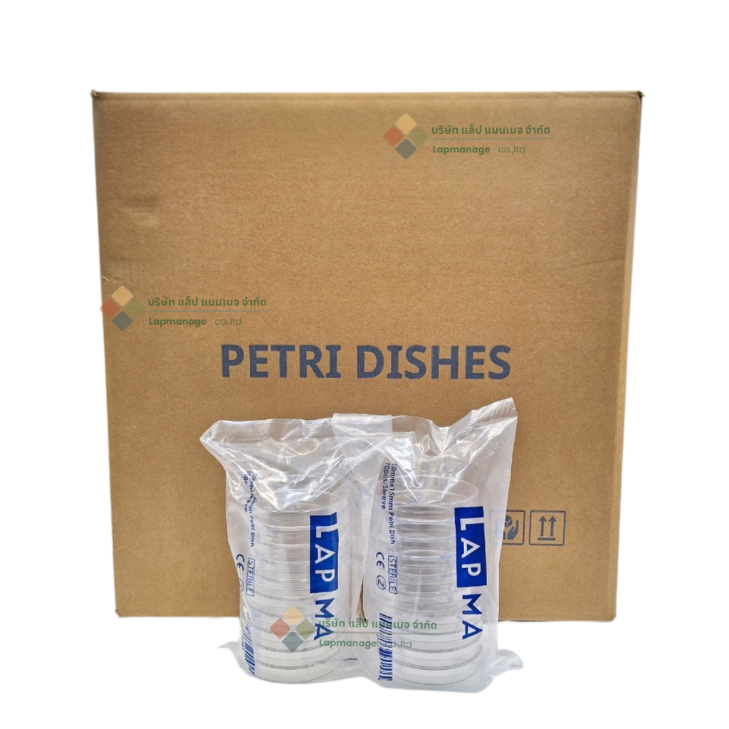 จานเพาะเชื้อ ขนาด90x15มม ปราศจากเชื้อ 'Petri dish 90x15mm, EO.Sterile , LAPMA , ยกลัง 500ชิ้น