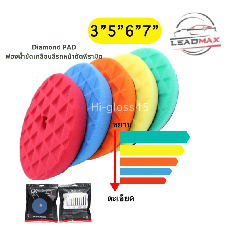 [พร้อมส่งNew]ฟองน้ำขัดเคลือบสีรถหน้าตัดพีระมิดยี่ห้อLEADMAXแป้นขนาด3”และ 5" และ 6" นำเข้าเจ้าเดียวพร้อมส่งในไทย