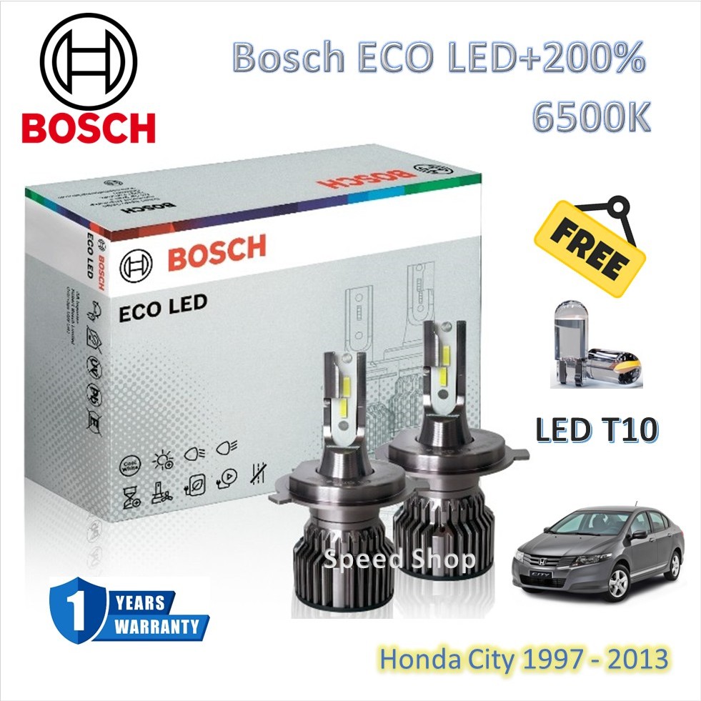 Bosch หลอดไฟหน้า รถยนต์ ECO LED+200% 6500K Honda City 1997 - 2013 สว่างกว่าหลอดเดิม 200% รับประกัน 1 ปี แถมฟรี LED T10