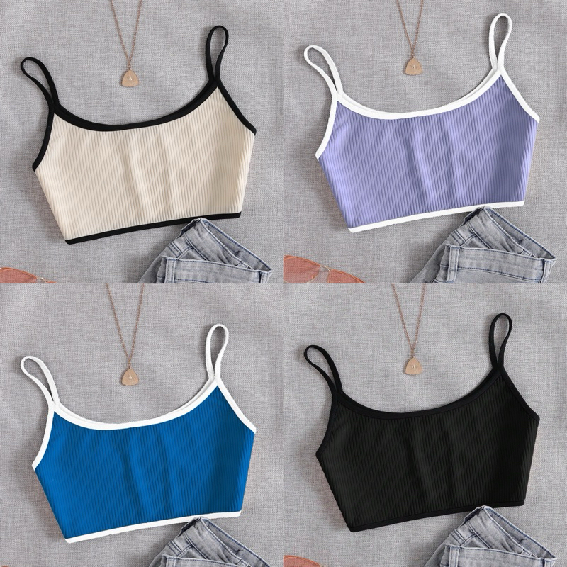 พร้อมส่ง เสื้อครอปสายเดี่ยวสาวอวบ กุ๊นขอบตัดสี ผ้ายืดใส่สบาย แนวสตรีท Y2K