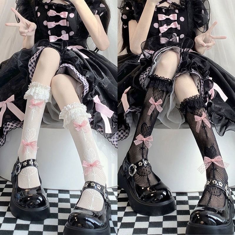 ถุงเท้าผู้หญิงโลลิต้าญี่ปุ่น ถุงเท้ายาวถึงเข่าลูกไม้ ตกแต่งโบว์สีชมพู สไตล์วิทยาลัยเจเค