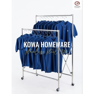 KOWAHOMEWARE CL002 ราวตากผ้าสแตนเลส 304 ราวคู่พับเก็บได้มีที่ล็อกไม้แขวนเสื้้อ 44 ชิ้น ล้อเลื่อน4ล้อ