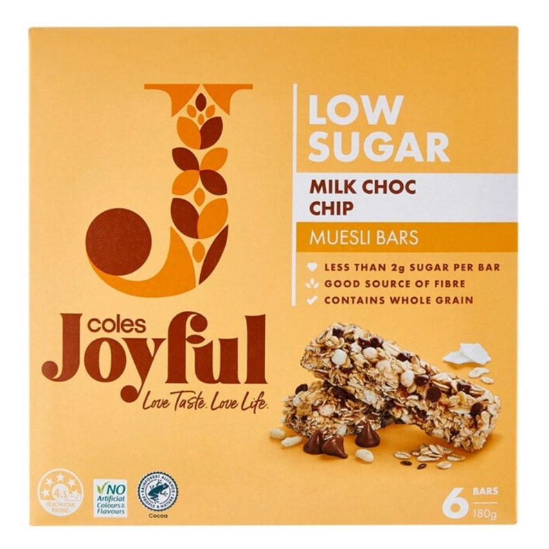 Coles Joyful Milk Chocolate Chip Muesli Bar โคลส์ จอยฟูล มิลค์ช็อกโกแลต ชิปมูสลี่บาร์ 180g. (6แท่ง)
