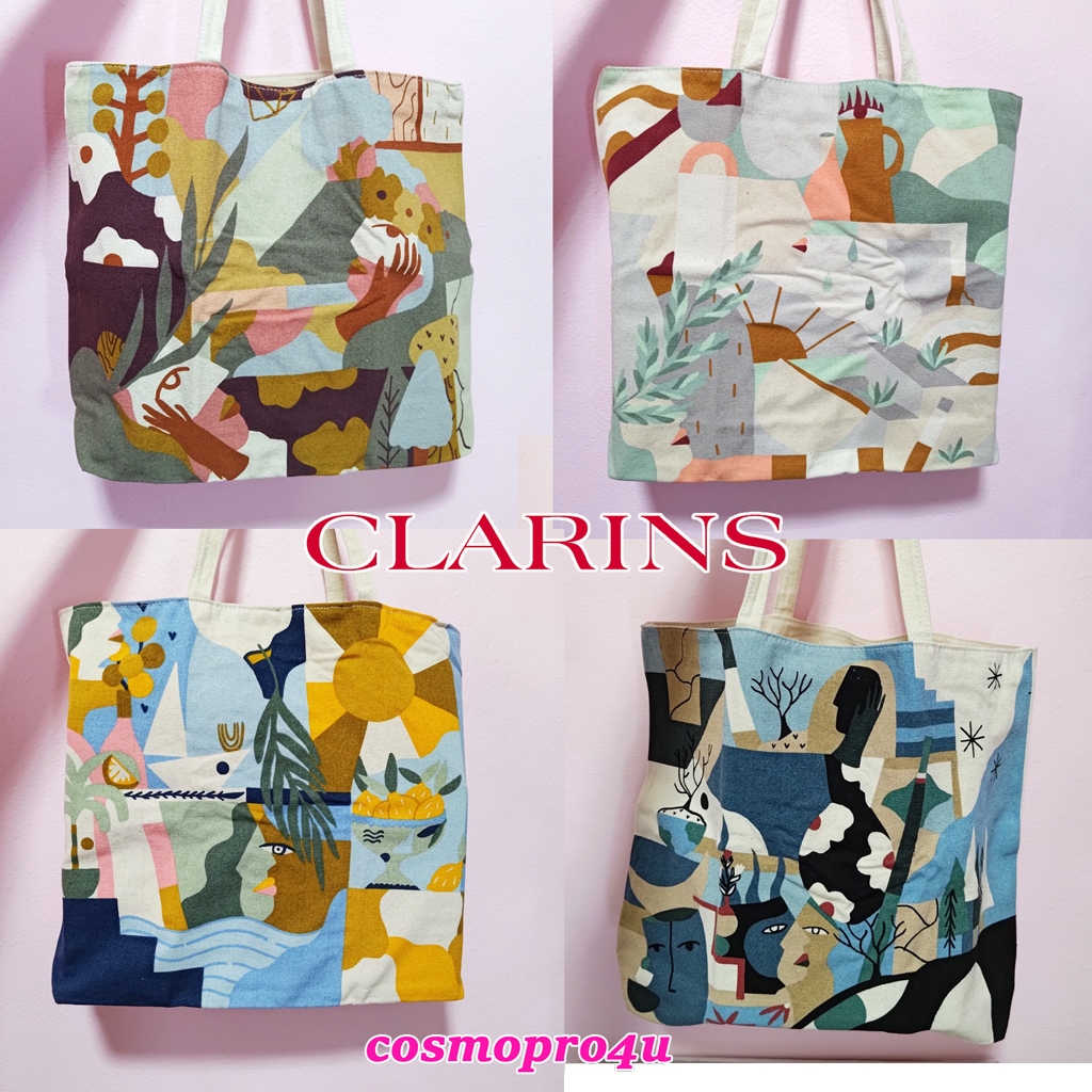 (เลือกลาย) กระเป๋า CLARINS คลาแรงส์ กระเป๋าผ้า canvas ใบใหญ่ คล้องไหล่ได้ Tote Bag ขนาด 17x14x3 นิ้ว