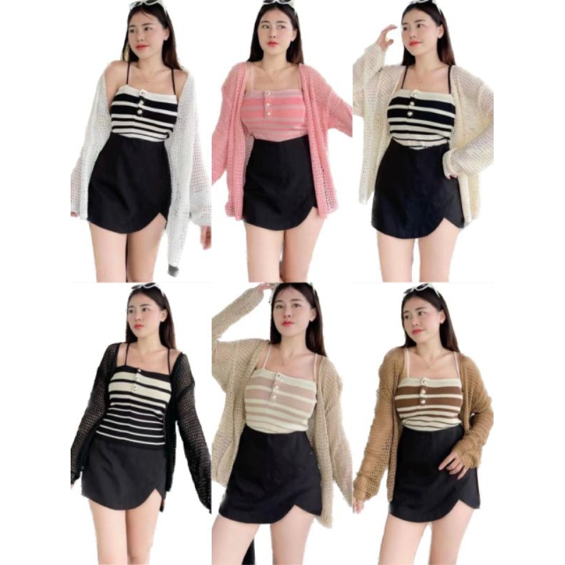 GoodNine พร้อมส่ง  2 ชิ้นเสื้อสายเดี่ยวไหมพรมกระดุมหน้าใช้ได้จริงกับเสื้อคลุมผ้าทอตาข่ายป้าย y. p .y