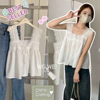 📍พร้อมส่ง📍8450#💌เสื้อแขนกุด คอเหลี่ยม งานผ้าฉลุ TAG WG.WE 🇰🇷🇰🇷