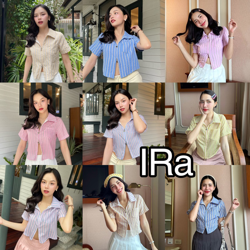 BY IRA Minimall T-Shirt เชิ้ตคอปกแขนสั้น ชายโค้งติดซิปหน้า ซิปใช้งานได้ ซิป-สั้น