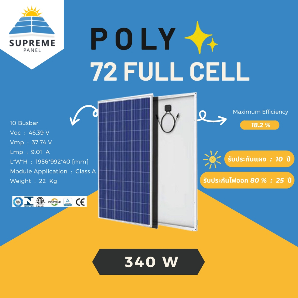 แผงโซล่าเซลล์ (Solar Panel) Polycrystalline โพลีคริสตัลลีน POLY 340W