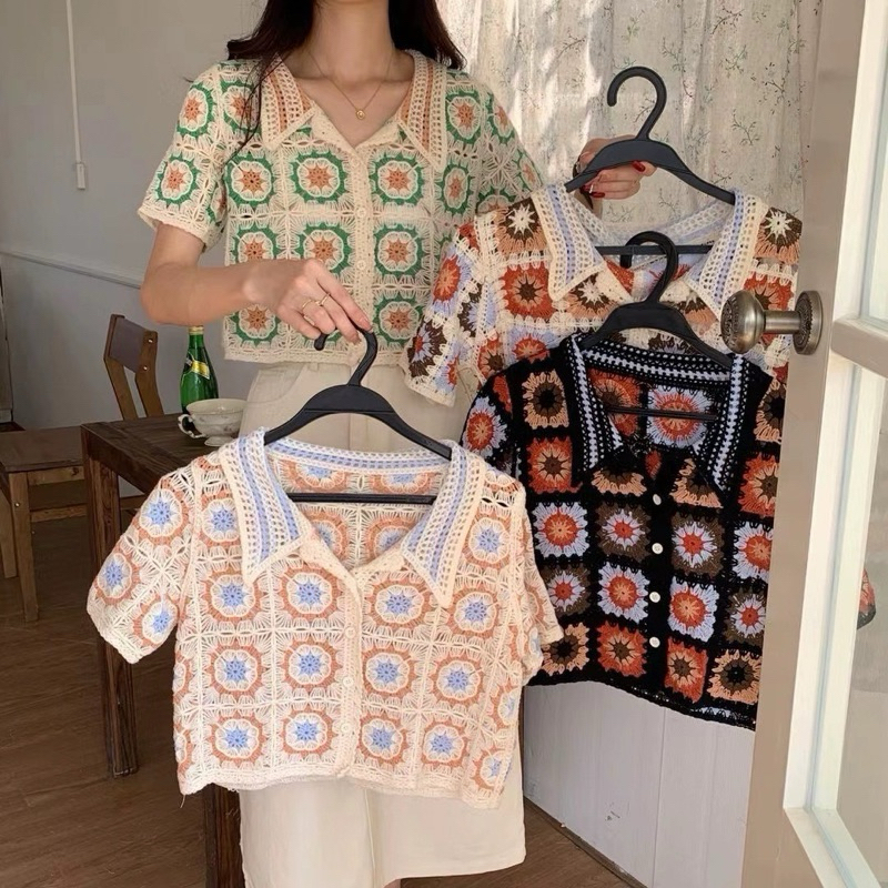 พร้อมส่งคะ เสื้อครอป เสื้อถักโครเชต์ เสื้อไหมพรมถัก สไตล์เกาหลี