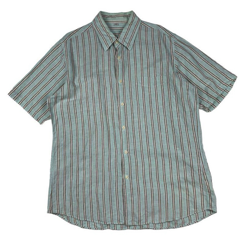 UNIQLO เสื้อเชิ้ตแขนสั้น Green-Brown Stripe Twill Spread Collar Linen Blend Shirt