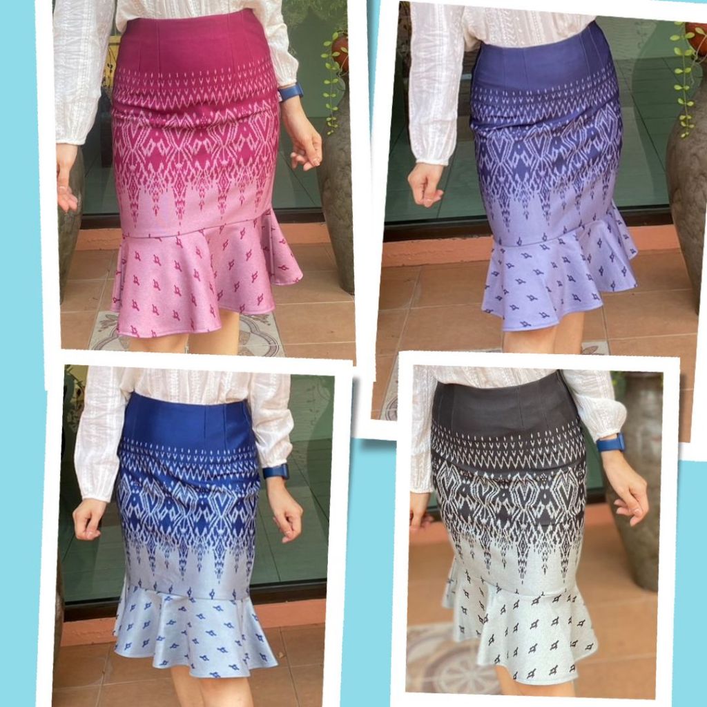 *พร้อมส่ง* i20 กระโปรงทำงาน กระโปรง ผ้าโรเซฟญีปุ่น(ผ้าไม่ต้องรีด) ลายไทย  ทรงหางปลา ไซส์ S - 5XL ยาว 23 นิ้ว