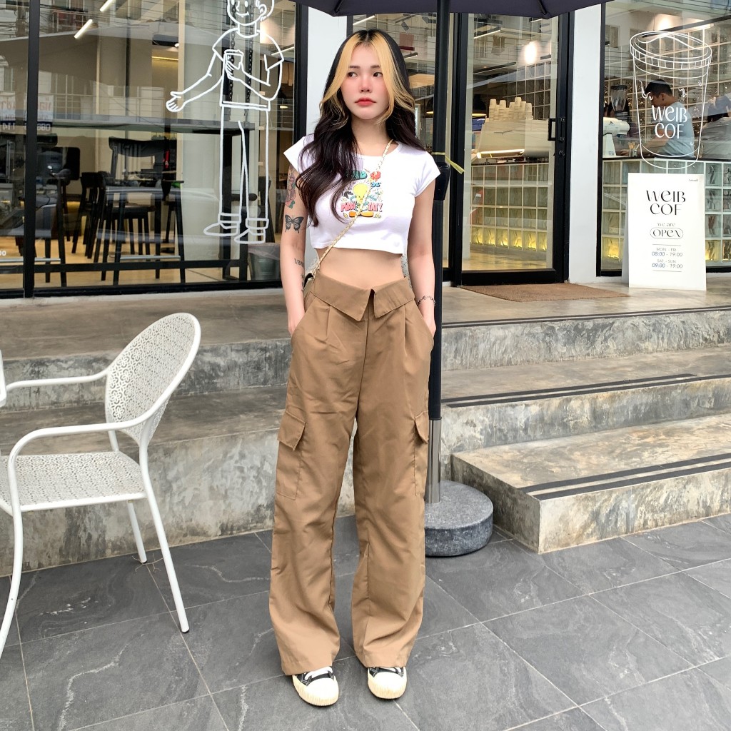 🌈MesubShop🌈กางเกงทรงกระบอก ผ้าไมโคร แต่งพับช่วงเอว 🐤 ด้านหลังเป็นเอวสม็อค ทรงเอวสูง รุ่น กางเกงซูชิ