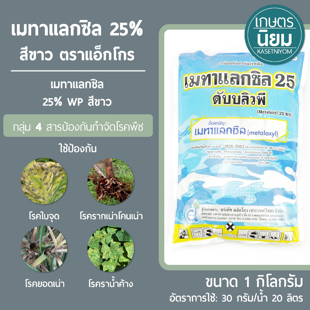 เมทา 25% สีขาว ตราแอ็กโกร (เมทาแลกซิล 25% WP) 1 กิโลกรัม