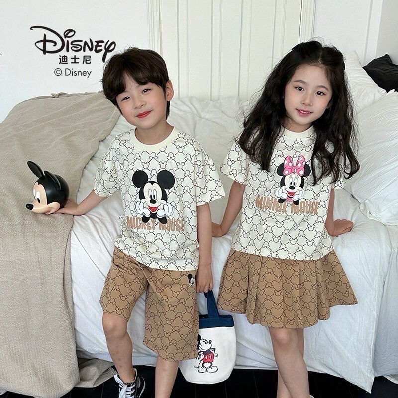 พร้อมส่ง ชุดเซต Mickey Minnie กางเกง/กระโปรงผ้าเกล็ดปลา น่ารักมากค่าแม่ ใส่เป็นชุดคู่พี่น้องได้ เสื้อผ้าเด็ก