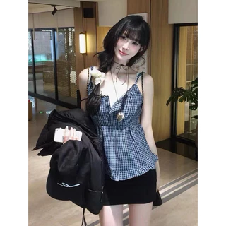 BY IRA พร้อมส่ง (23051) Piattern mini dres มินิเดรสสายเดี่ยวลายสก็อตสุดน่ารัก สม็อคหลัง
