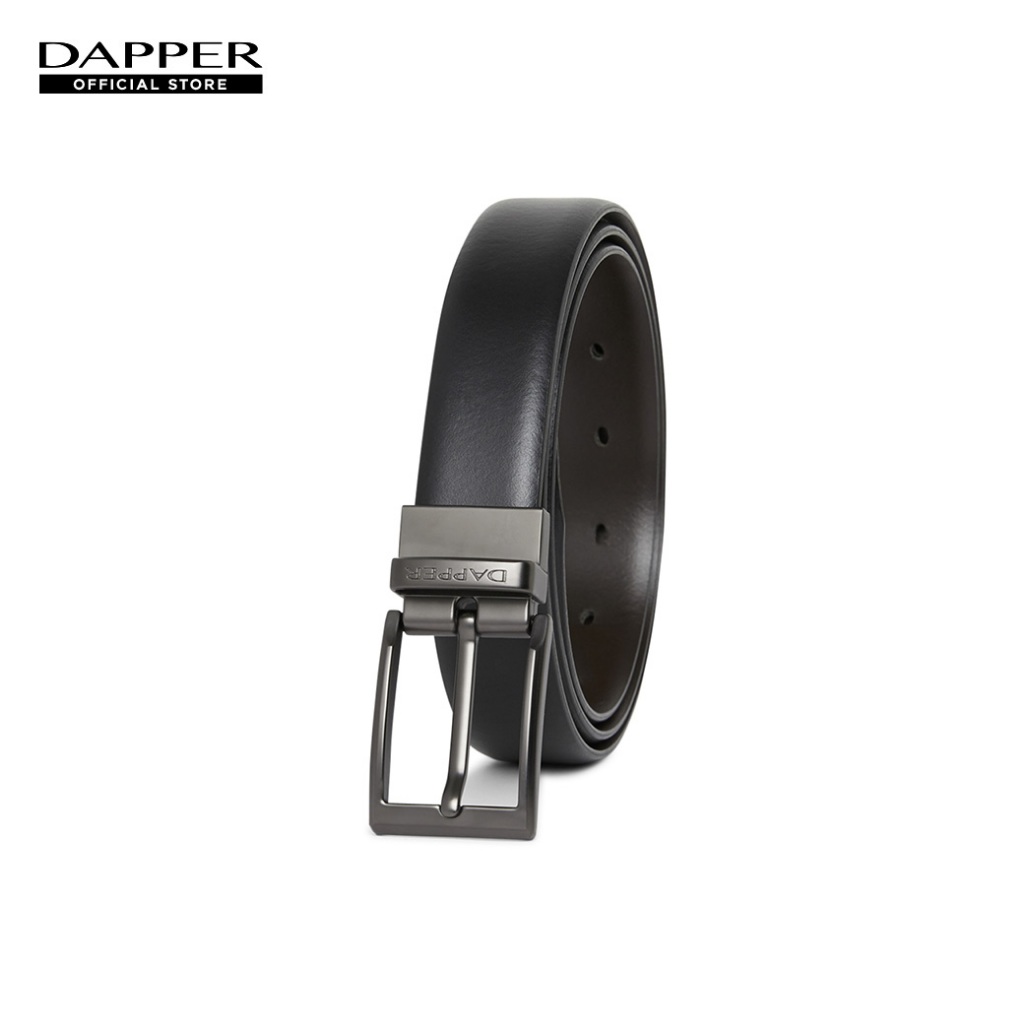 DAPPER เข็มขัดผู้ชาย หนังแท้ Modern Matte Pin Buckle ใส่ได้ 2 ด้าน สีดำ (BBC/BK/1281PN2)