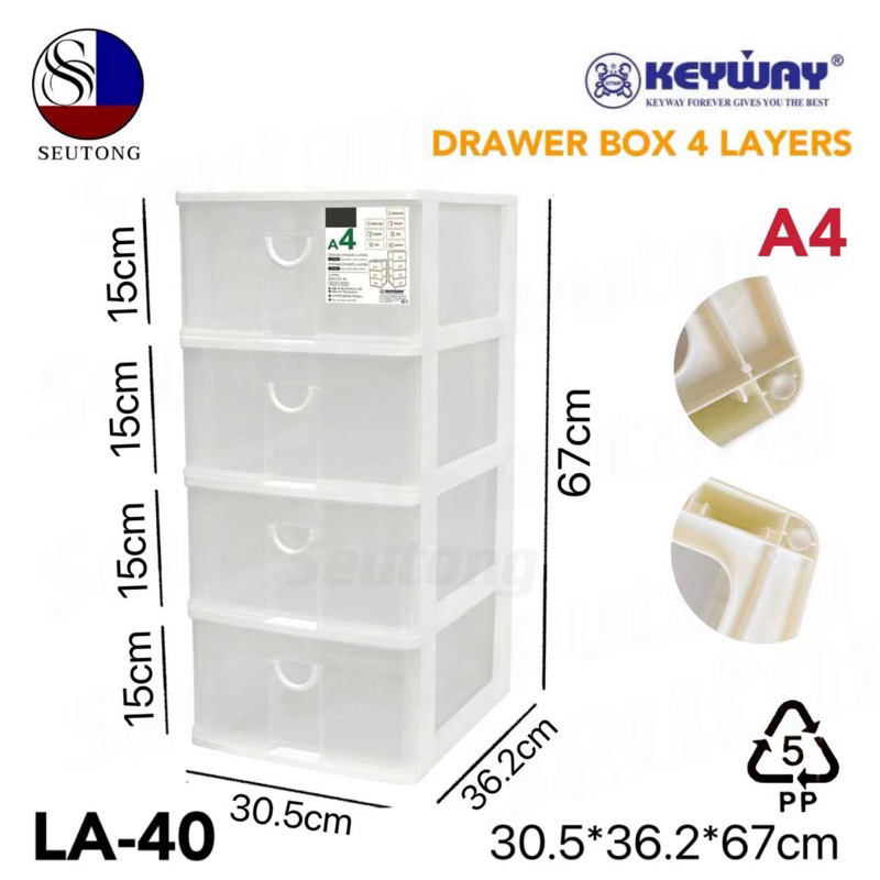 Keywayกล่องลิ้นชัก (ใส่A4ได้) ลิ้นชักอเนกประสงค์4ชั้น สีใส เเข็งเเรงทนทาน รุ่น LA-40