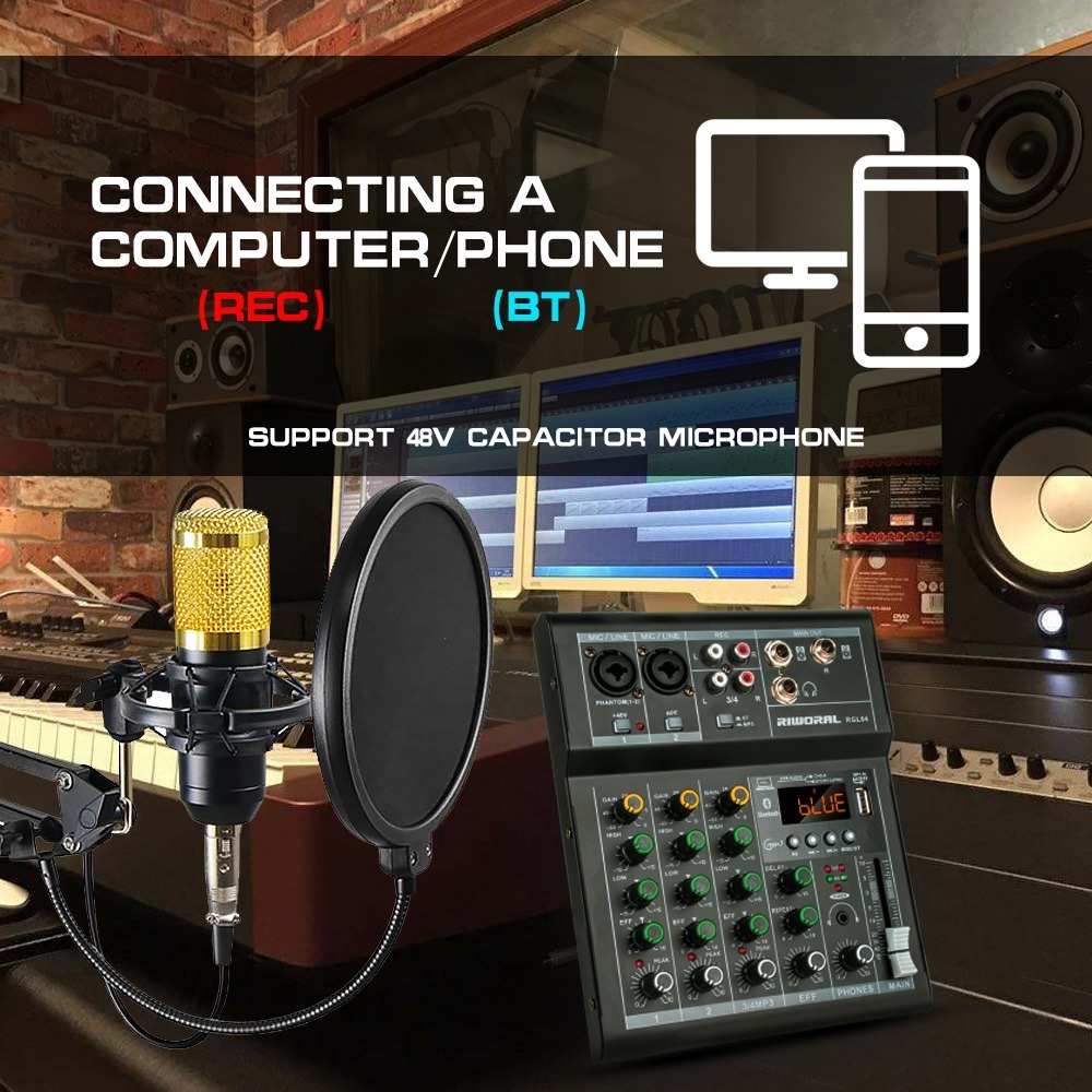 มิกเซอร์ มิกเซอร์เสียง 4 แชนเนล รองรับฟังก์ชั่นการเล่นและบันทึก Bluetooth USB/MP3/PC