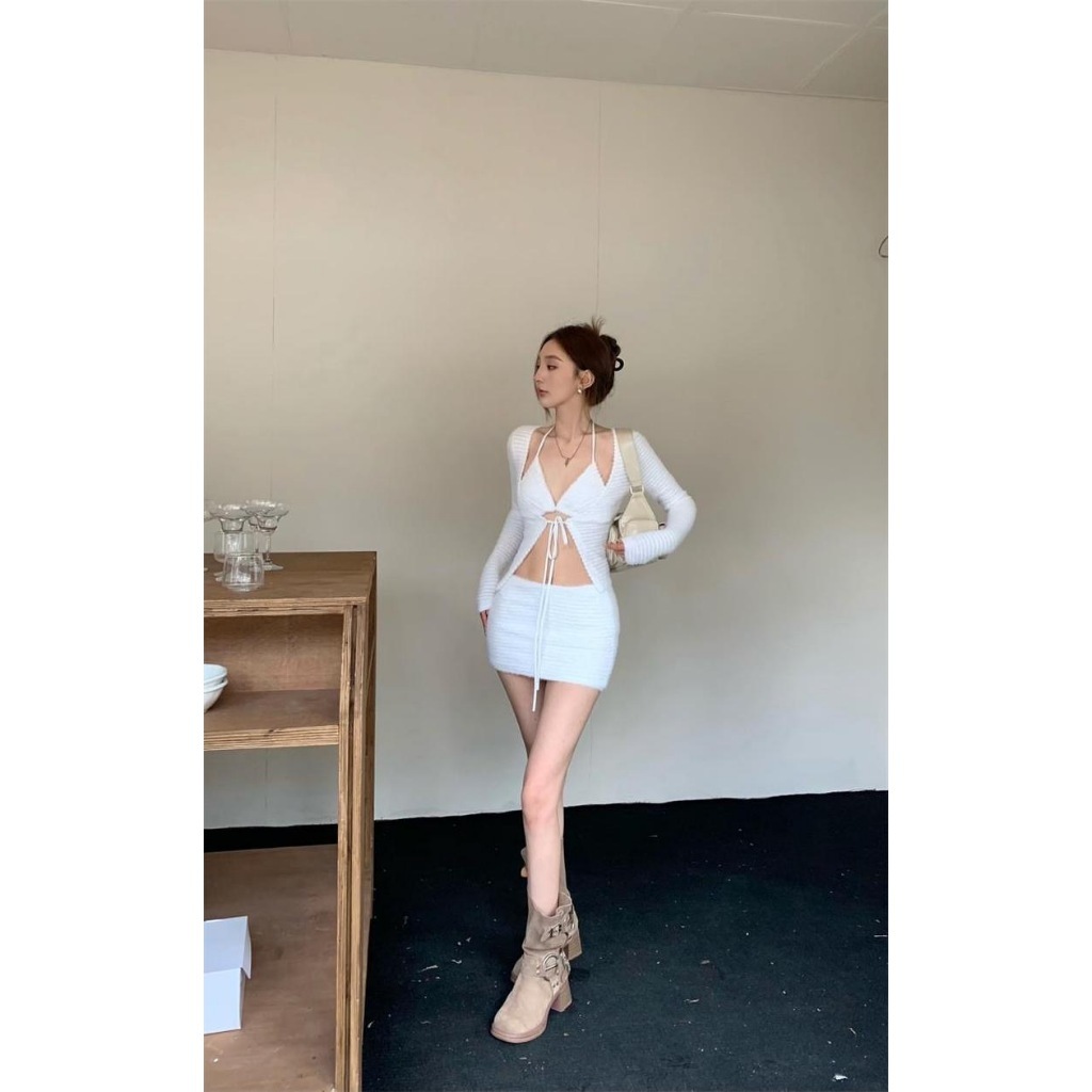 Cici(C1848)set3ชิ้น ไหมพรม เสื้อคลุม+บราคล้องคอ+กระโปรงสั้น เซ็กซี่ปนเท่แบบเบา