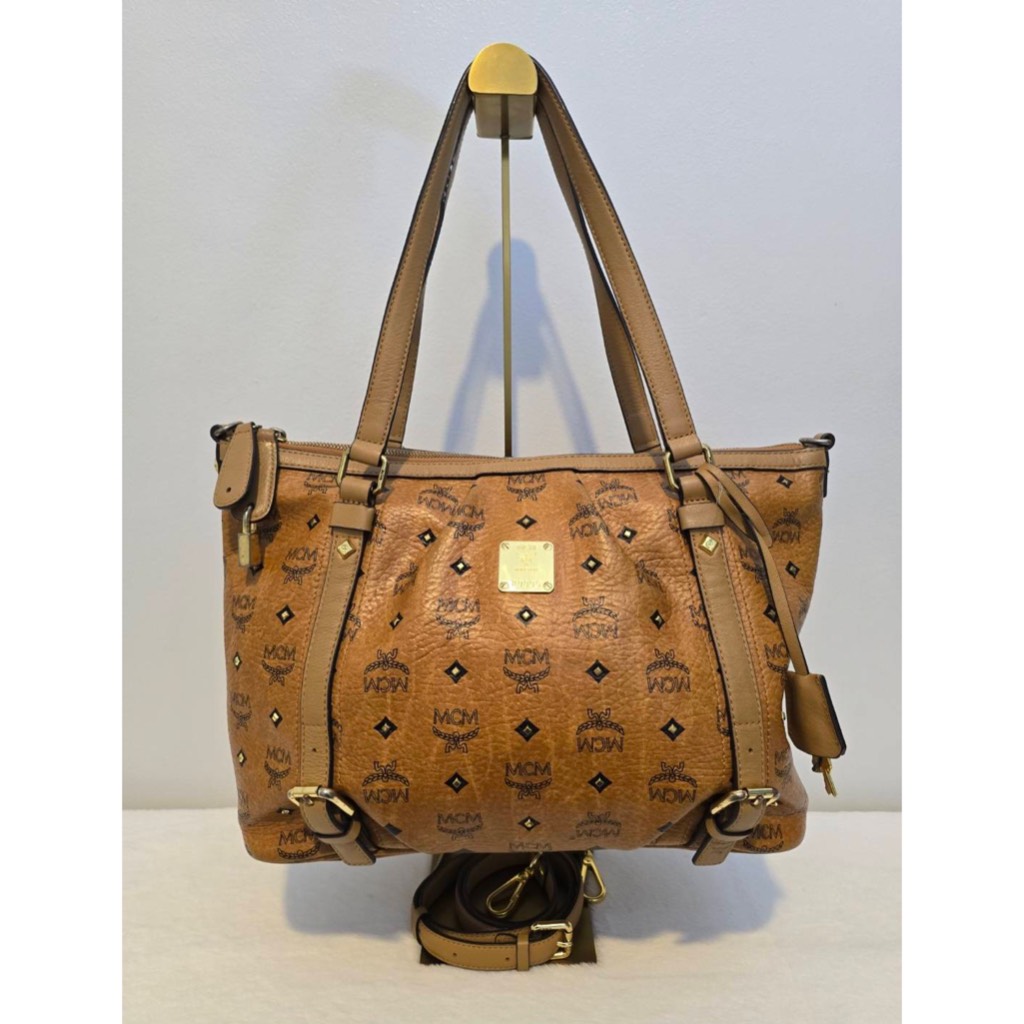 MCM Cognac Coated Canvas Shopper Tote มือสอง ของแท้