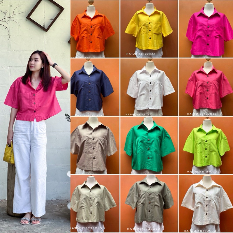 cotton shirt เสื้อเชิ้ตแขนสั้น ทรงครอปสวย แต่งกระเป๋าหน้า
