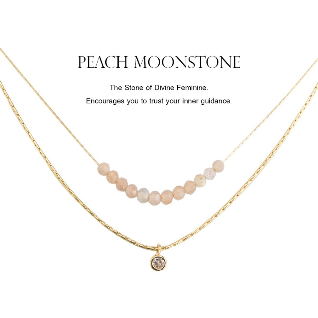 Peach Moonstone -POWER STONE DOUBLE-LAYERED NECKLACE สร้อยคอหินมงคลสองชั้น-หินพีชมูนสโตน