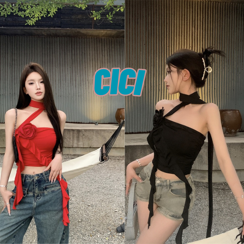 Cici(No.YJ6130)เสื้อเกาะอก ครอปท็อป เปิดไหล่เข้ารูป สีพื้น ลายดอกกุหลาบ 3 มิติ สไตล์ y2k