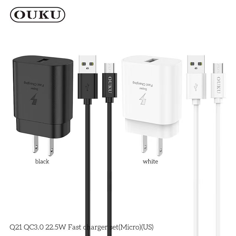 ใหม่!! OUKU Q21 เซ็ทหัวชาร์จ 1USB + สายชาร์จ จ่ายไฟเร็ว 22.5W+QC3.0 สำหรับ Micro/Type-C/ForL ของแท้100%