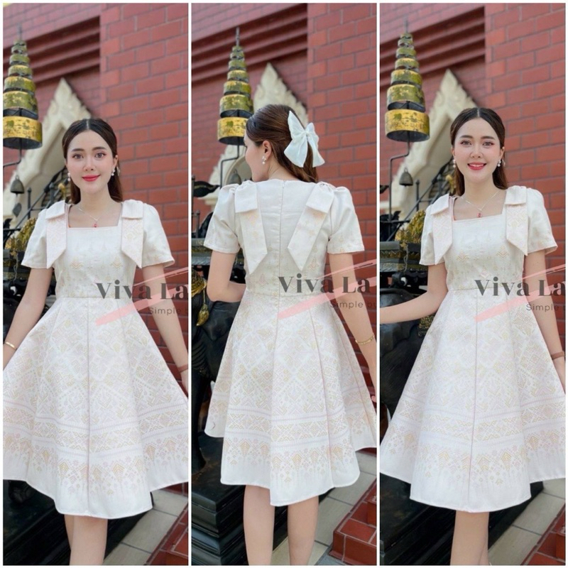 V289ชุดเดรสรุ่นโบว์ไหล่งานวางลาย ทรงกระโปรง 8 ชิ้นทรงย้วย งานอัดกาวทั้งชุดทุกชิ้น