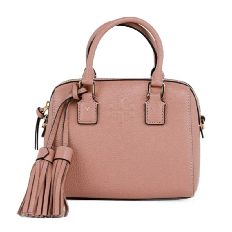 like new✨กระเป๋า Tory Burch Thea Mini Pink Moon Pebbled Leather Web Satchel Crossbody Bag