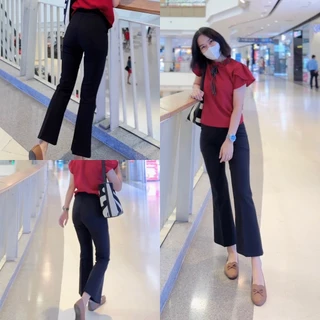 [S-3XL](80) ARTHITTAYA.BRAND กางเกงผ้าซาร่า 8 ส่วน ขาบาน เอวสูง-สีดำ