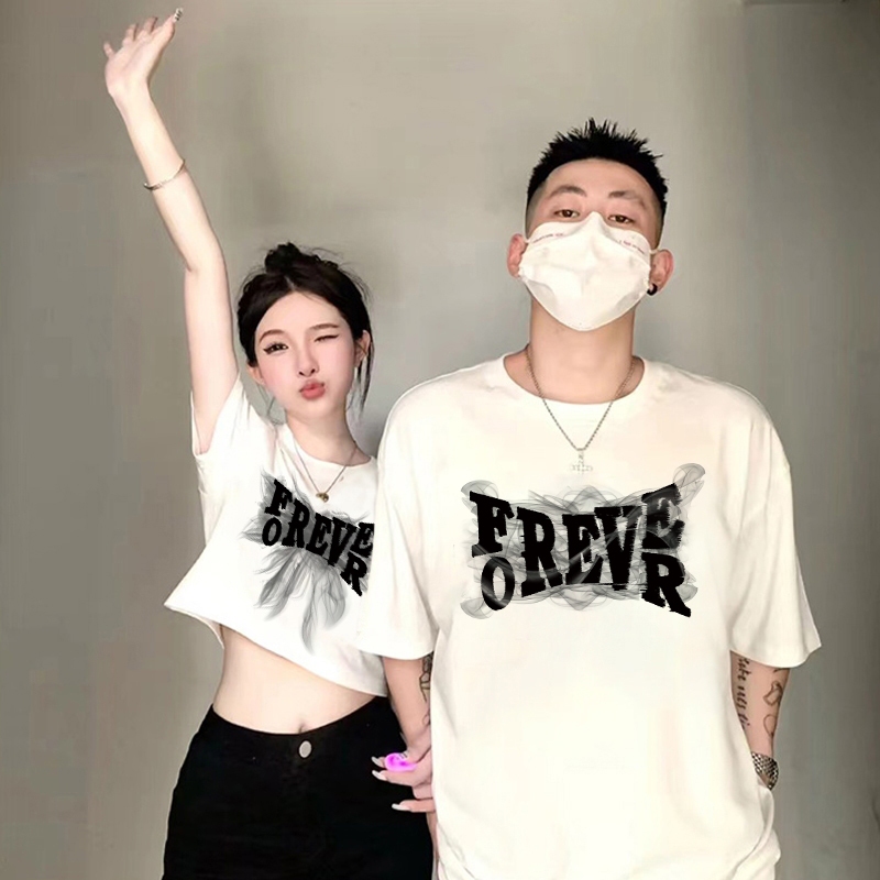 เสื้อยืดผู้หญิง oversize แขนสั้น สไตล์ฮิปฮอป สกรีนลาย สําหรับคู่รัก สไตล์อเมริกันย้อนยุค สีขาว แขนสั้นคอกลม ไปทะเล