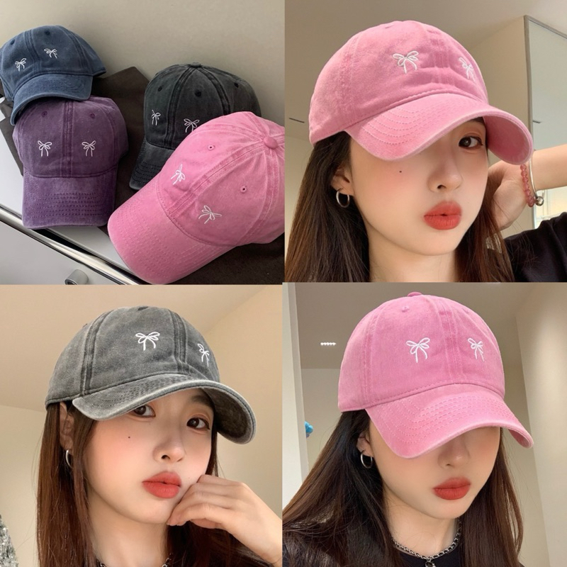(EA) หมวกแก๊ปกันแดด ยีนส์ฟอก cap ปัก2โบว์🎀🎀