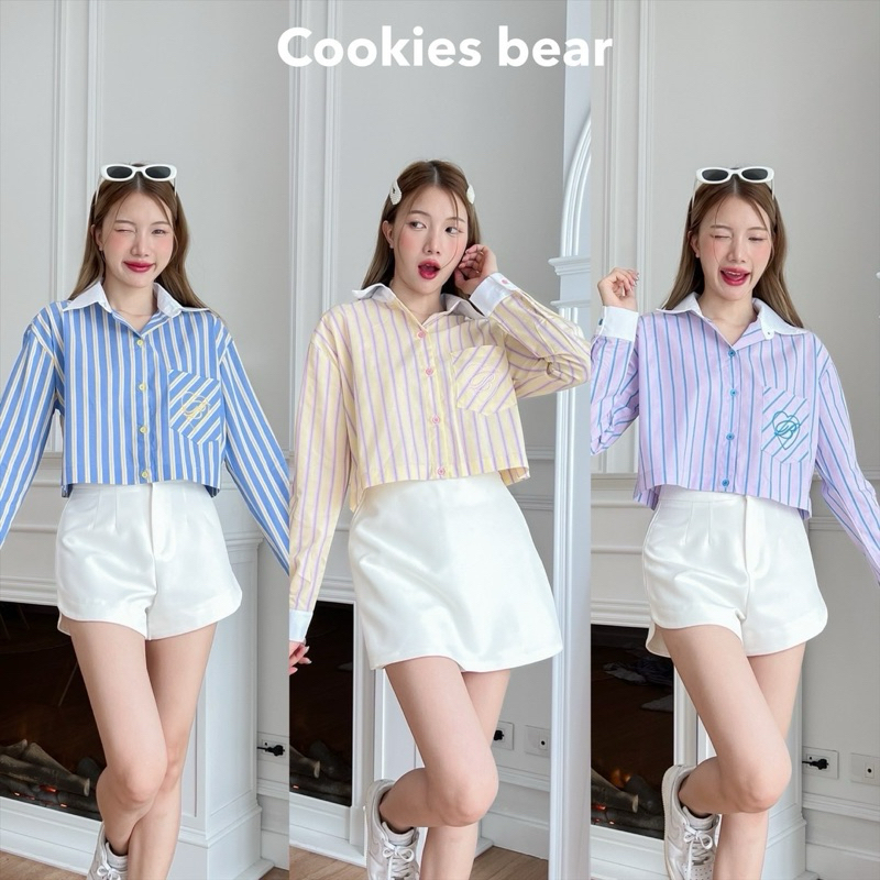 A30 - cookies bear เชิ้ตริ้วทูโทนโอเวอร์ไซส์แขนยาว ตัดขอบปกขาวปักกระเป๋า
