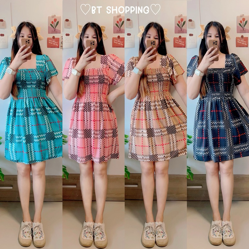 พร้อมส่ง🩵เดรสสั้นแต่งอกสม็อค แต่งลายหยักสวยๆ งานอก 44 นิ้วใส่ได้