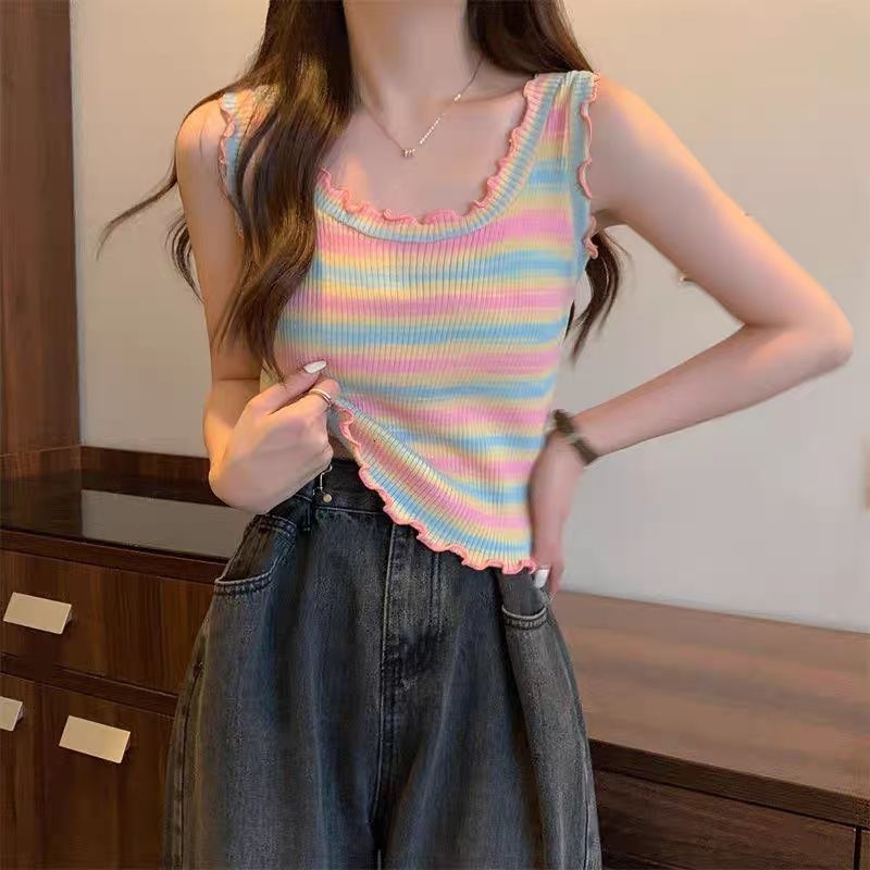 Vogue🌟พร้อมส่ง🌟 เสื้อกล้ามคอเหลี่ยมลายสายรุ้งเซ็กซี่ มีสไตล์และดูดี (65CX02)