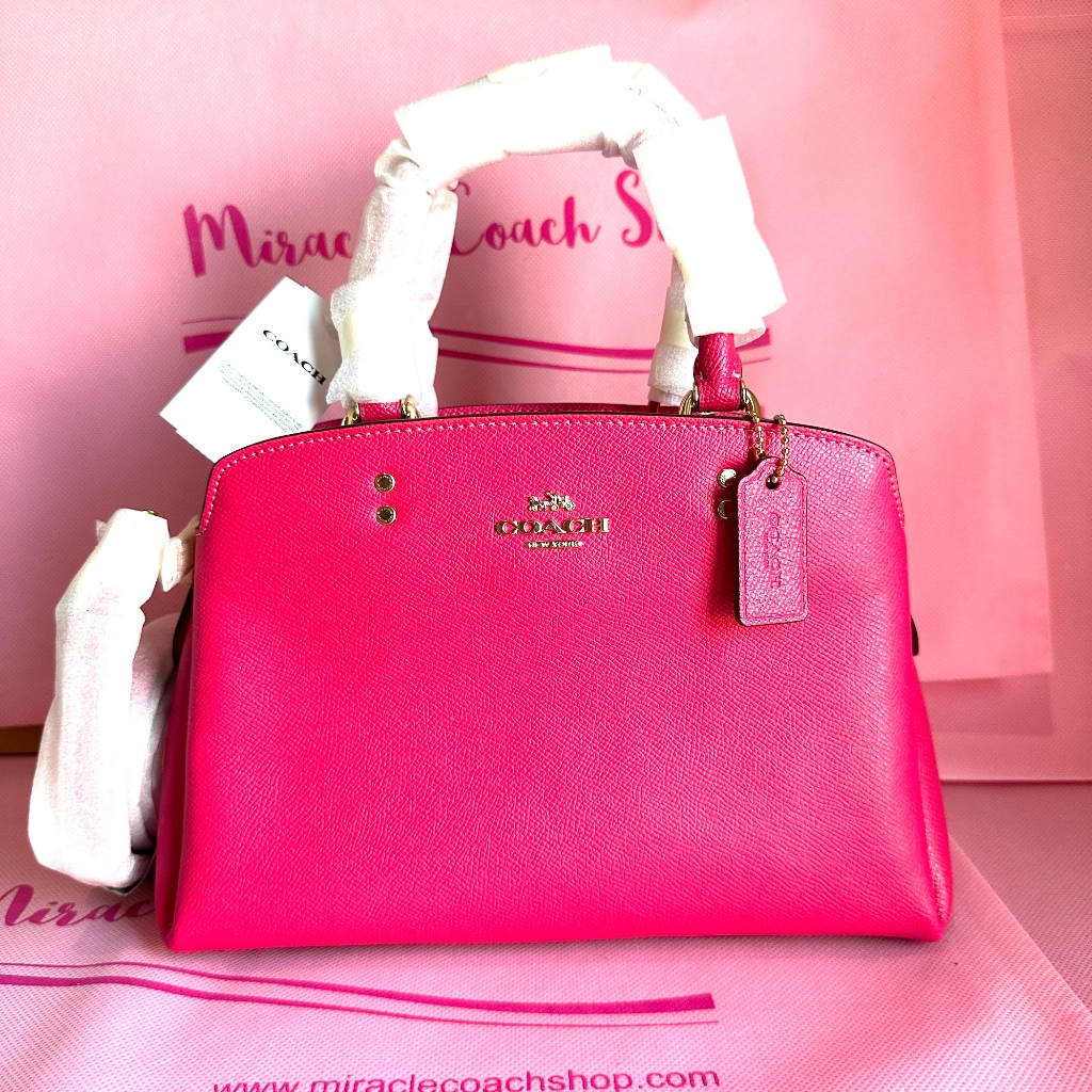 กระเป๋าถือ Coach แท้ หนังแท้ หนังฟอกแบบกันรอย ทรงถัง COACH 91146 MINI LILLIE CARRYALL IN CROSSGRAIN LEATHER Bold Pink