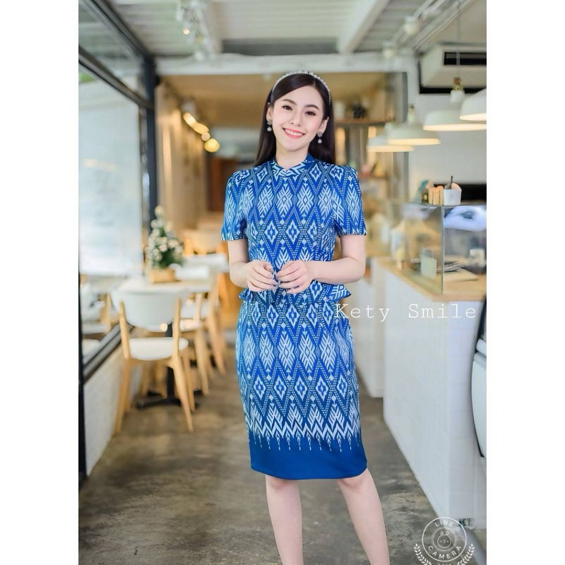 ketysmile dress เดรสผ้าไทย สีฟ้า สวยงาม เรียบร้อย