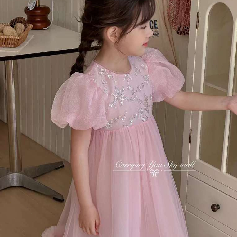 ชุดออกงานเด็กผู้หญิง สีชมพู ฟูฟ่อง เลื่อมบนหน้าอก ชุดงานแต่งเด็ก ชุดราตรีเด็ก แขนพองๆน่ารักม๊าก เนื้อผ้าดี