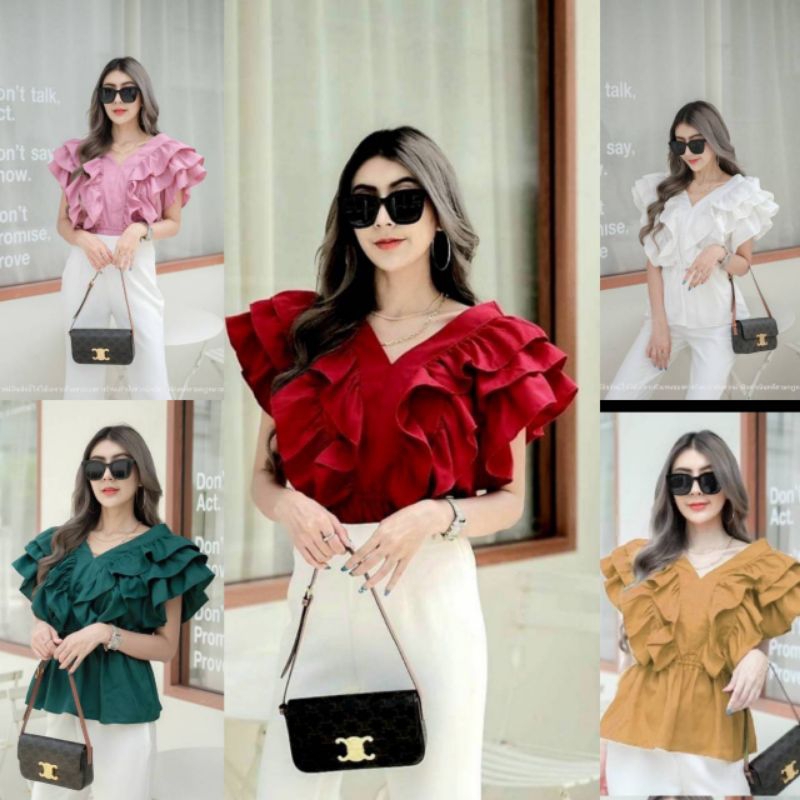 เสื้อใส่ทำบุญ ไปวัด ออกงาน คอวีหน้าวีหลังมาพร้อมระบายแน่นๆ 3 ชั้นทรงสวยใส่น่ารักมากค่ะรุ่นนี้ใส่ชิลล์ถ่ายรูปสวยๆ
