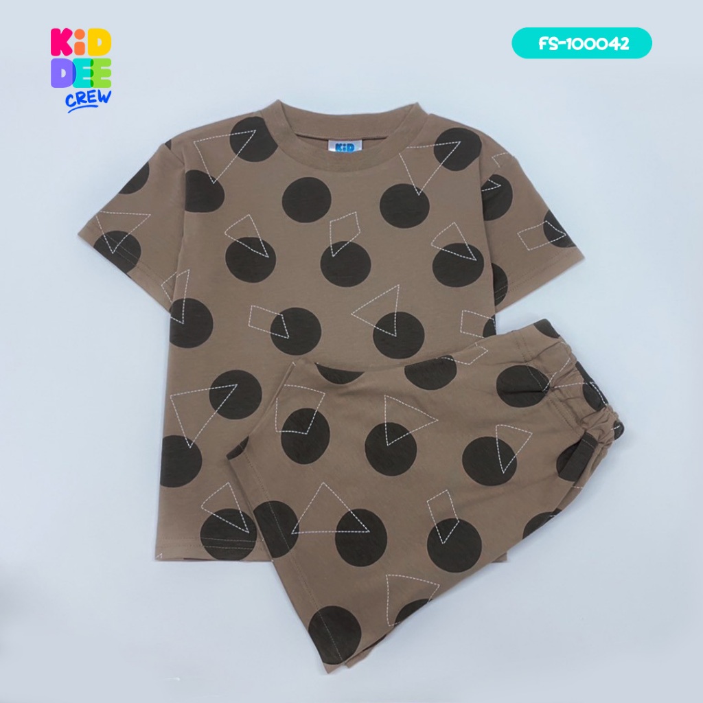 KiddeeCrew ชุดเซ็ตเด็ก คู่ สีน้ำตาลวงกลมสามเหลี่ยมดำ แขนสั้นขาสั้น เหมาะสำหรับอายุ 1-12 ปี