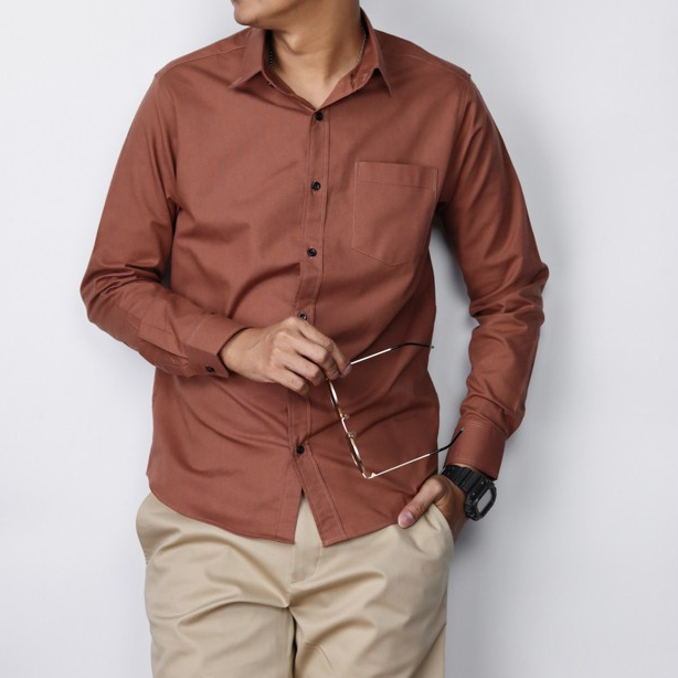 เสื้อเชิ้ตแขนยาวสีน้ำตาล คอปก ผ้าoxford ไซส์ M-XL