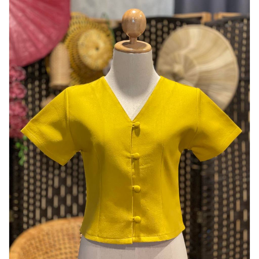 ผ้าฝ้ายสีเหลือง เสื้อคอวี เสื้ออัดกาว