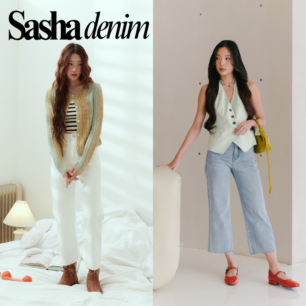 NIPPERISDABEST กางเกงยีนส์รุ่น Sasha denim ทรงกระบอกตรง ปลายตัด ยาวแบบเต่อ สียีนส์กลาง