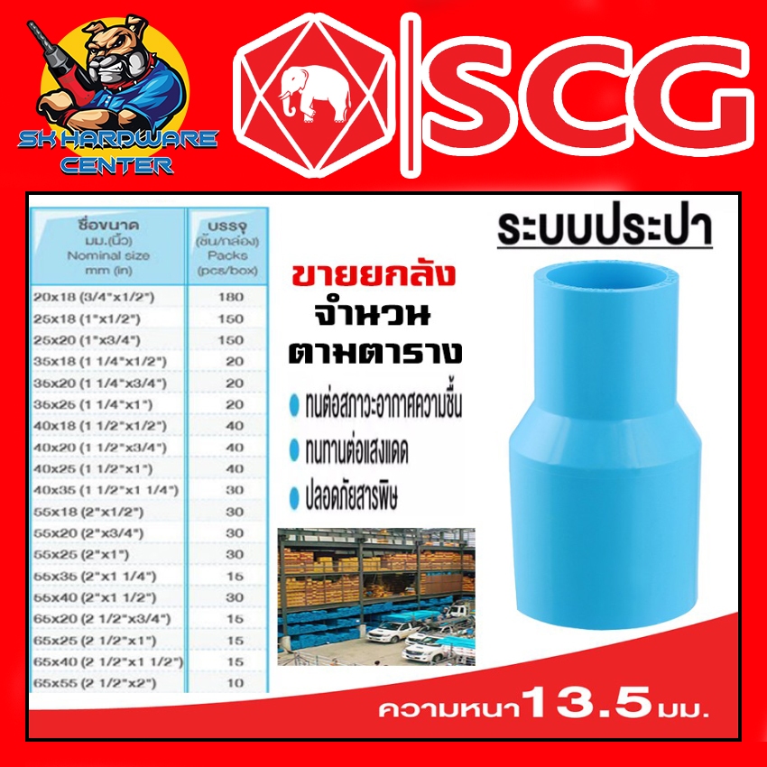ข้อต่อตรงลด หนาชั้น 13.5 มีขนาดให้เลือกตั้งแต่ 3/4 - 21/2 นิ้ว ยี่ห่อ SCG ขายยกกล่อง (จำนวนตามตารางในรูป)
