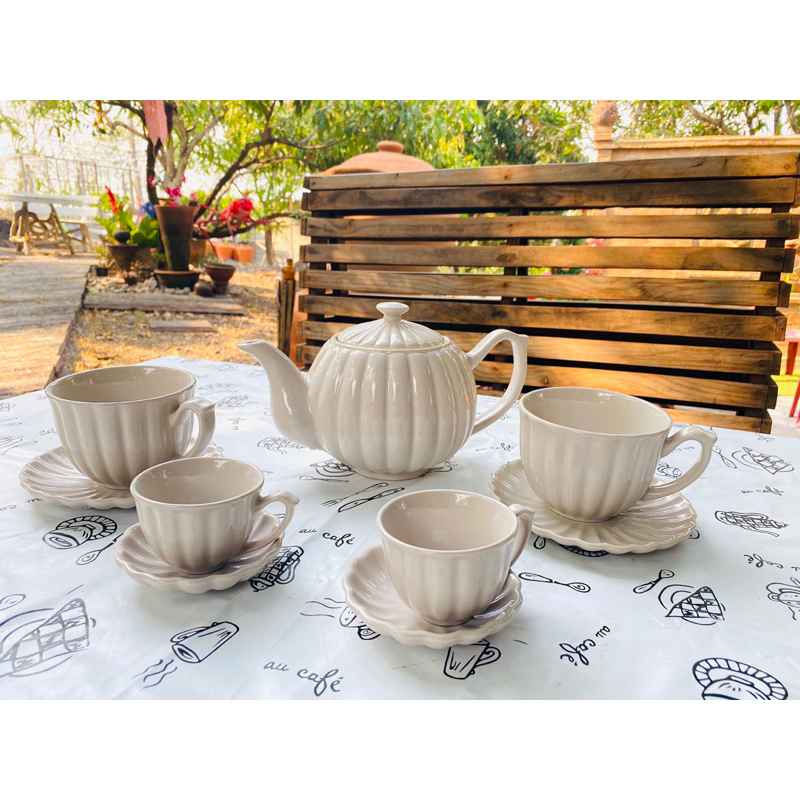 ชุดกาน้ำชา กาน้ำชาเซรามิค เซตกาน้ำชาอังกฤษ ลายเปลือกหอยสีครีม - รูปที่ 4