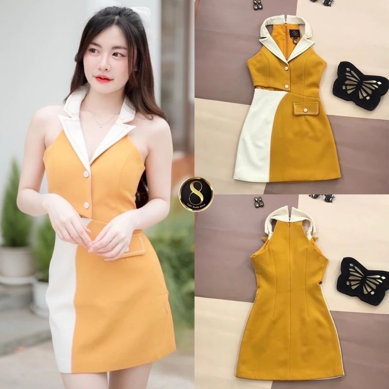 S M L มือ1 8 STUDIO มินิเดรสสีเหลือง คอปกแขนกุด แต่งเว้าเอว ใส่สวยน่ารักสุดๆ ป้าย 8 STUDIO