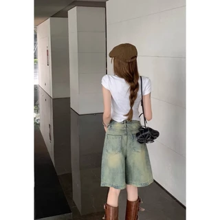 Korean กางเกงครึ่งขา รูปทรงเท่ สไตล์เกาหลี ผ้ายีนส์แท้ ฟอกสีอ่อน ใส่ได้ทั้งหญิงและชาย J040